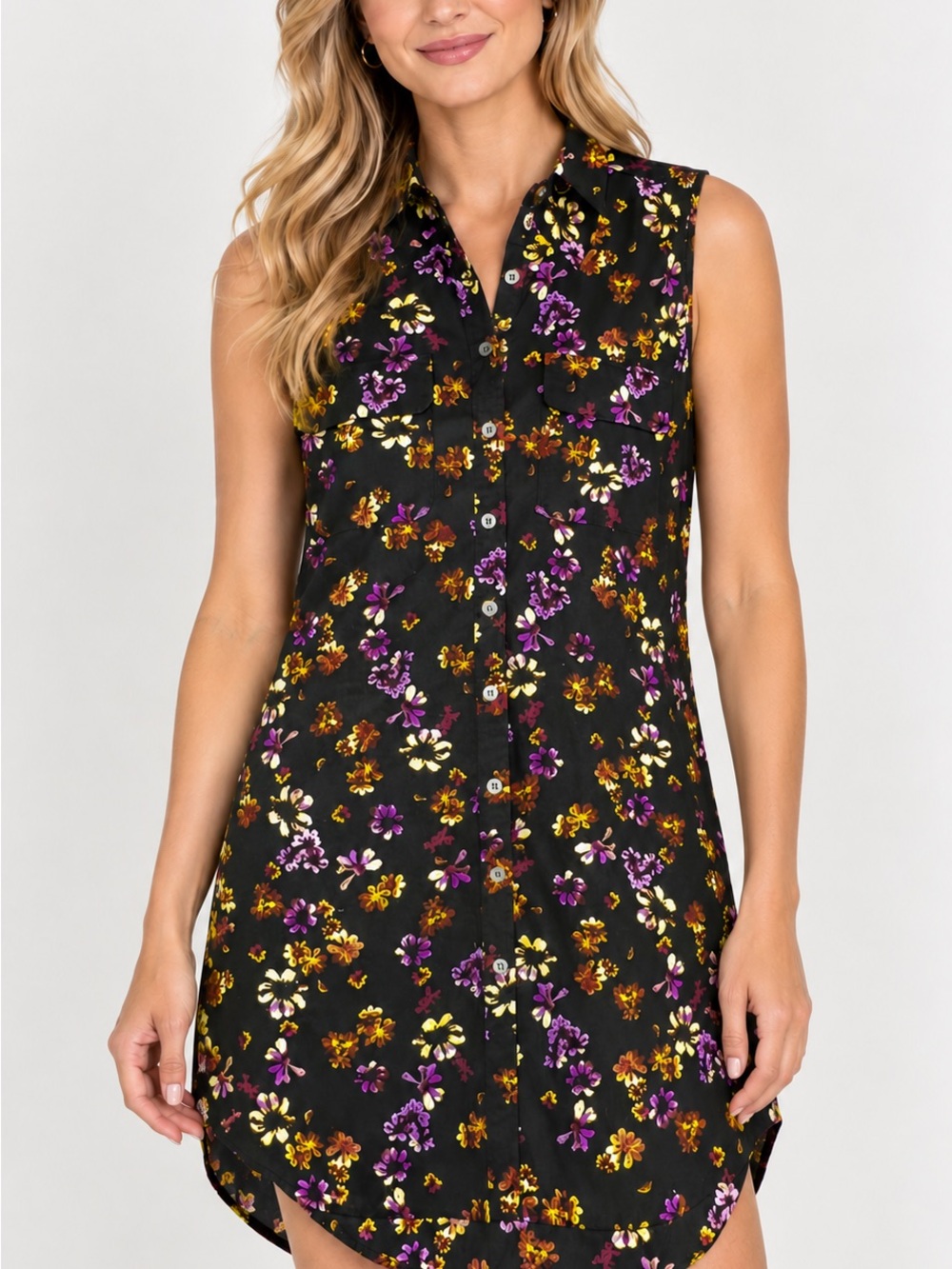 Philosophy Black Floral Button Up Sleeveless Collared Shirt Dress-Size S
